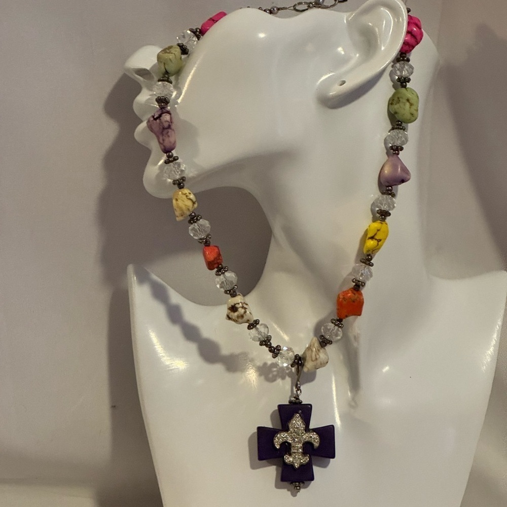Fleur de lis Purple Cross multi stone